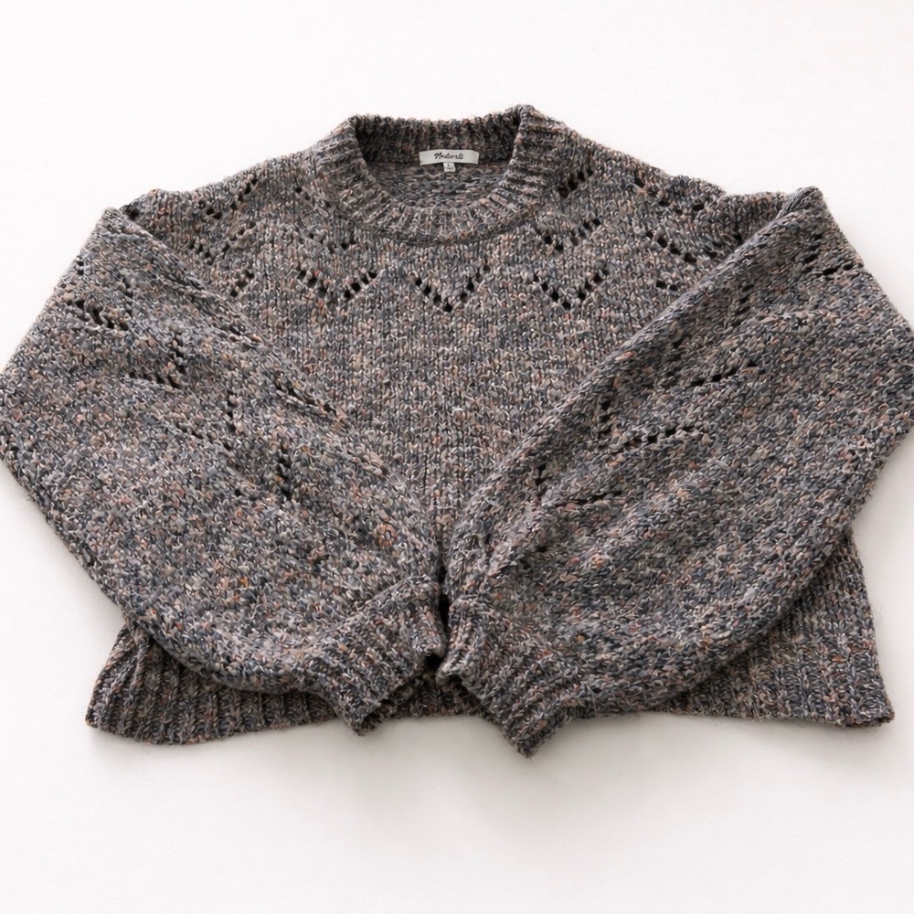 Madewell Marled Gray Pointelle Sweater Balloon Sleeve Knit Pullover Size S - Picture 9 of 14
